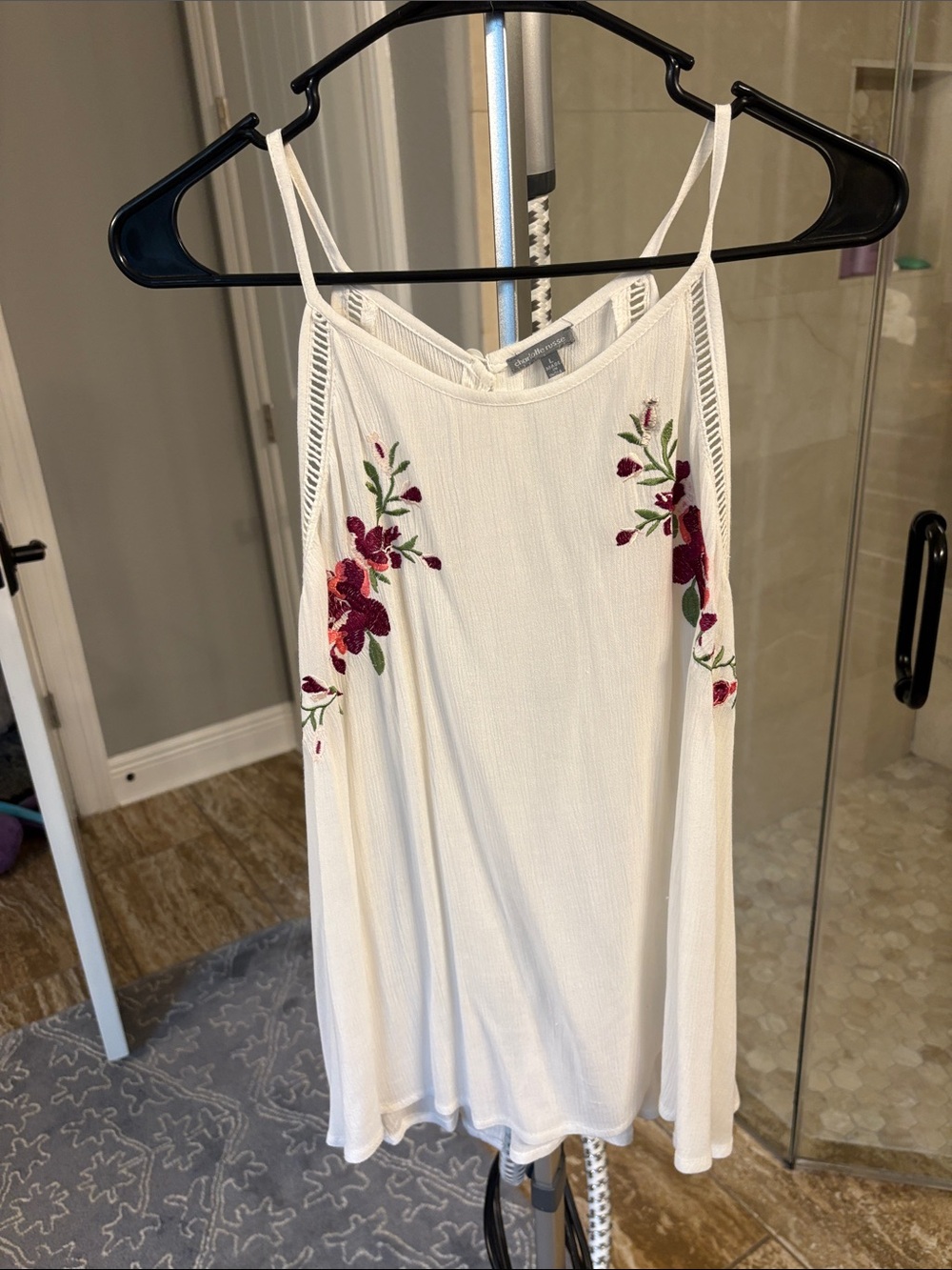 Charlotte Russe White Tank Top with Burgundy Floral Embroidery
